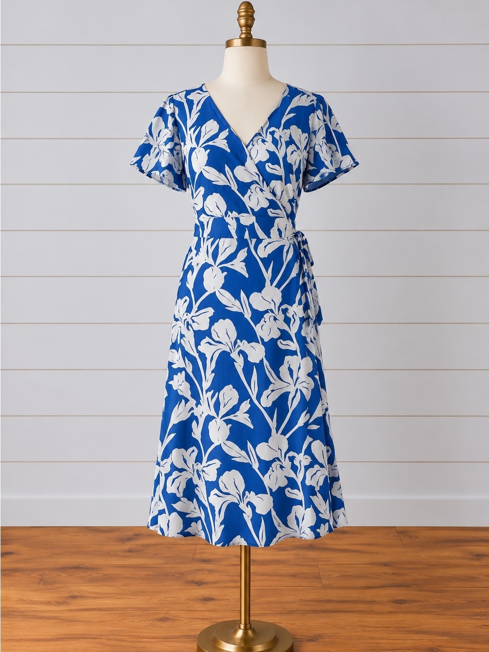 Women's (EU 34) XS Blue White Floral Vacation Midi Flowy Tropical Wrap Dress
